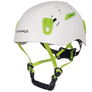 Casque d'escalade Cam de couleur blanche avec jugulaire verte