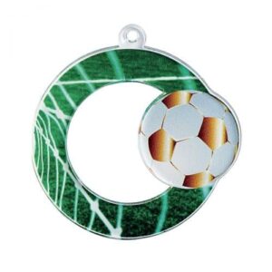 Médaille acrylique en plexiglass de diamètre 50mm représentant un cercle de couleur verte et un ballon de football.