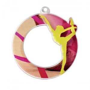 Médaille acrylique en plexiglass représentant un cercle de couleur mauve et une gymnaste femme de couleur jaune