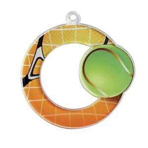 Médaille acrylique en plexiglass de diamètre 50mm représentant un cercle de couleur orange et une balle de tennis de couleure verte