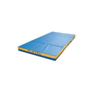 Matelas de gym bleu avec tranches jaunes repliable