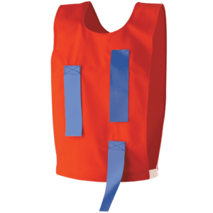 Chasuble rouge avec 3 lanières bleues pour sports de combat