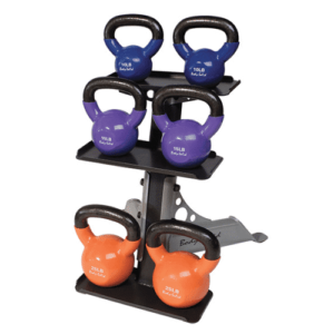 Support Kettlebells noir avec des kettlebells dessus