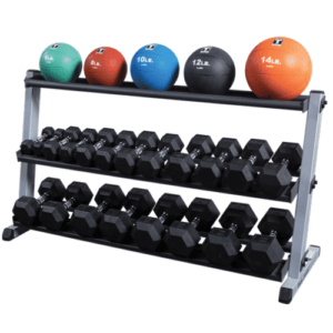 Rack 3 Rangées Haltères Bloqués et kettlebells en haut