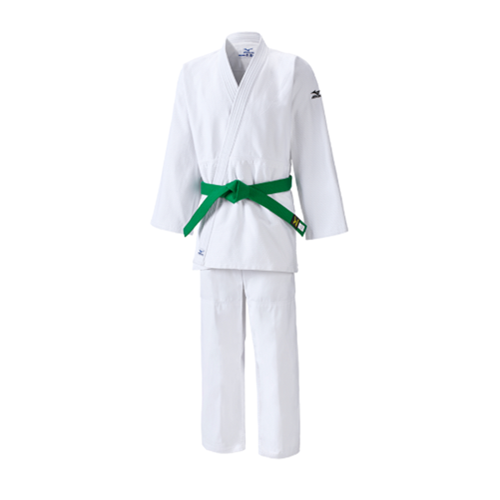 Kimono de judo de compétition Hayato blanc avec des logos Mizuno de couleur bleue et une ceinture verte