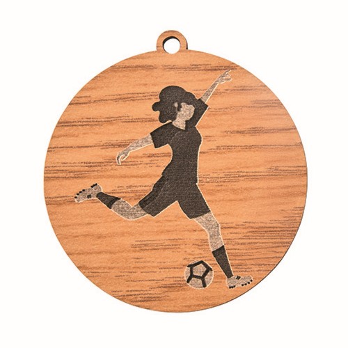 Médaille en bois de 50mm de diamètre représentant une joueuse de football