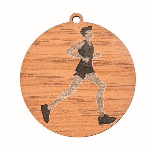 Médaille en bois de 50mm de diamètre représentant un coureur à pied