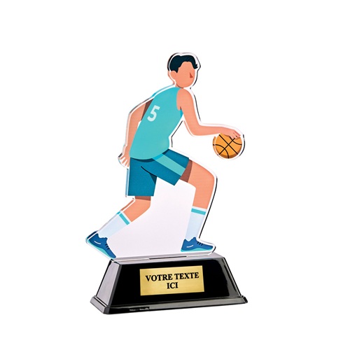 Trophée sportif en acrylique de 16cm de haut représentant un joueur de basket-ball