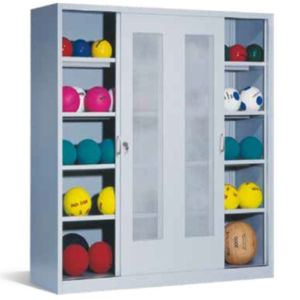 Armoire de rangement avec portes coulissantes perforées pour le rangement du matériel de sport