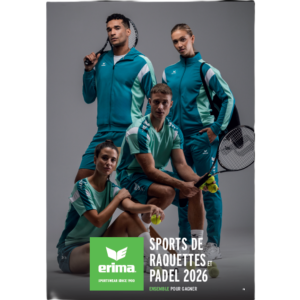 Flyer de présentation de la gamme textile Erima 2026 pour les sports de raquettes: tennis, padel, badminton, tennis de table
