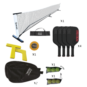 Kit complet pour la découverte du Pickleball avec des raquettes en fibre de verre, des balles indoor et outdoor, un ensemble poteaux filets, un kit de marquage au sol pour délimiter le terrain aux dimensions officielles