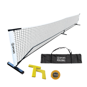 Kit Pickleball portable : filet 6,70 m en acier et polyester + set marquage au sol jaune antidérapant, sac de transport, mètre 10 m