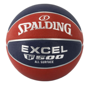 Ballon de basketball Spalding TF-500 rouge et noir en cuir composite, réplique LNB, disponible en taille 6 et taille 7, pour compétitions scolaires et clubs- Vue de face