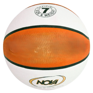 Ballon de basket Senso Play homologué FIBA en caoutchouc orange et blanc, surface adhérente et valve butyle, destiné aux établissements scolaires, collectivités et clubs