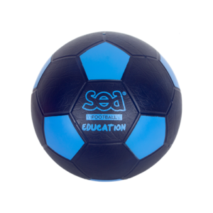 Ballon de football d’initiation bleu en plastique souple Ø21 cm 315 g, adapté écoles et collectivités. Usage sur bitume et gazon