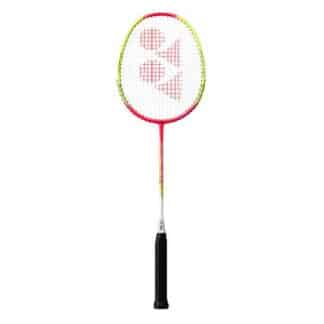 Raquette de badminton Yonex Nanoflare E13 de couleur jaune fluo et rouge avec manche noir