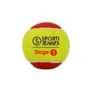 Balle de tennis jaune et rouge marquée stage 3 pour l'initiation au tennis