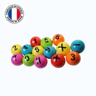 Balles scolaires numérotées de 1 à 9 avec les 4 signes mathématiques