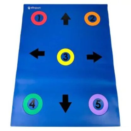 tapis bleu avec des cercles de couleurs différentes et des flèches