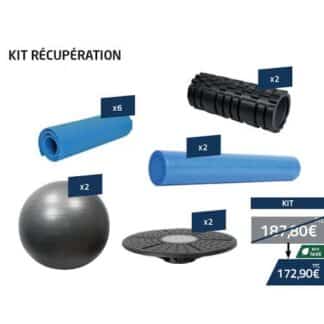 Photos des gym ball, tapis, rouleaux de massage, planche d'équilibre qui composent le kit de récupération et proprioception