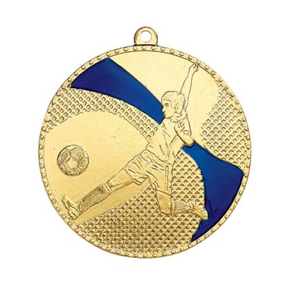 Médaille couleur or avec émail bleu représentant un joueur de football