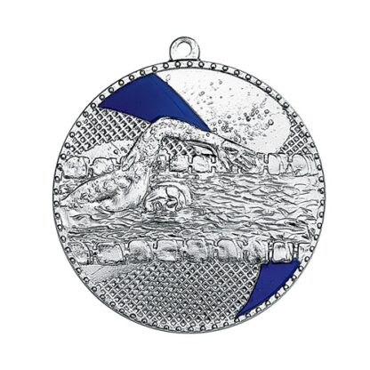 Médaille couleur argent avec émail bleu représentant un nageur