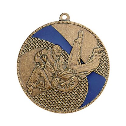 Médaille couleur bronze avec émail bleu représentant un combat de 2 judokas