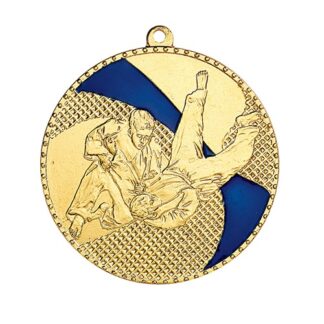 Médaille couleur or avec émail bleu représentant un combat de 2 judokas