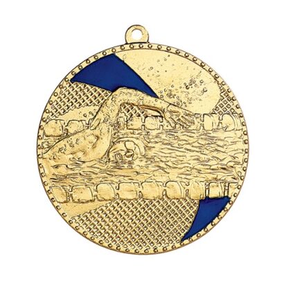 Médaille couleur or avec émail bleu représentant un nageur