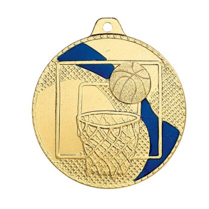 Médaille couleur or avec émail bleu représentant un panier de basket