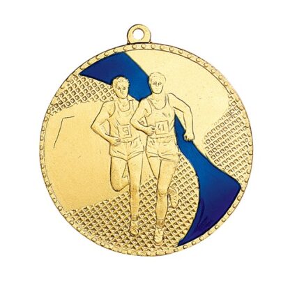 Médaille couleur or en fer avec émail de couleur bleue de 50mm de diamètre représentant un coureur à pied