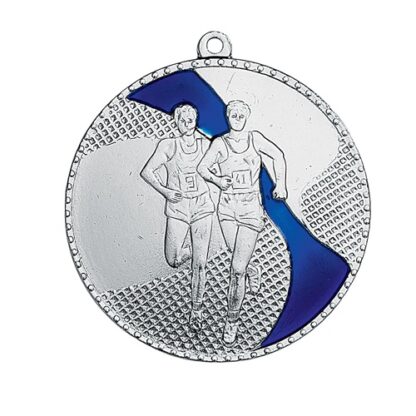 Médaille couleur argent en fer avec émail de couleur bleue de 50mm de diamètre représentant un coureur à pied