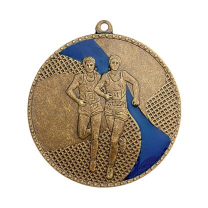 Médaille couleur bronze en fer avec émail de couleur bleue de 50mm de diamètre représentant un coureur à pied