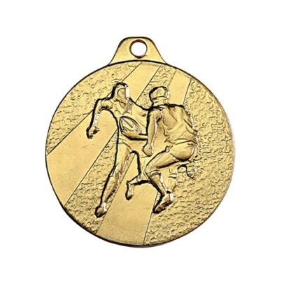Médaille en fer de couleur or et de 32mm de diamètre représentant des joueurs de rugby