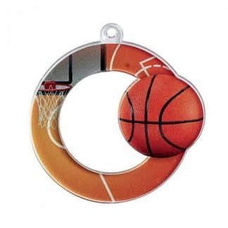 Médaille acrylique en plexiglass de diamètre 50mm représentant un cercle de couleur orange et un ballon de basket-ball
