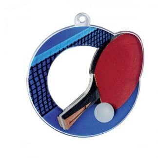 Médaille en plexiglass de diamètre 50mm représentant une raquette et une balle de tennis de table