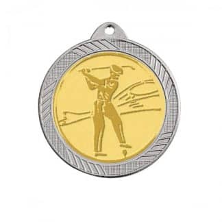 Médaille en fer de couleur argent et de diamètre 32 mm avec personnalisation par une pastille de 25mm. représentant un golfeur