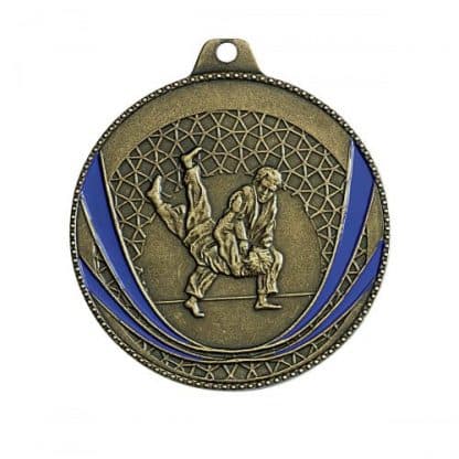 médaille en bronze pour sport de combat rayée de bleu