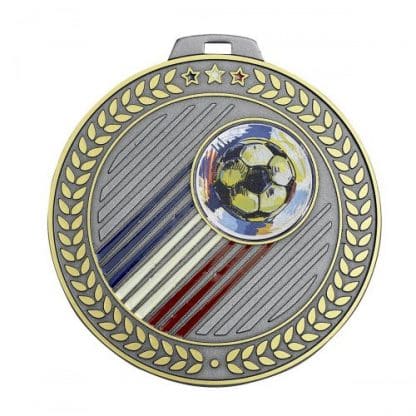 médaille en laiton de couleur argent avec une pastille de ballon de football et des traits en bleu blanc rouge