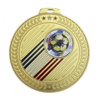médaille de couleur or avec pastille football et des traits bleu blanc rouge