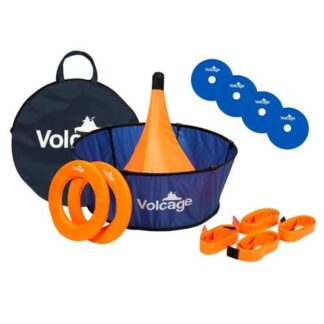 Nouveau jeu collectif volcage avec un panier bleu 2 anneaux orange, des sangles de délimitation oranges et un sac de rangement bleu