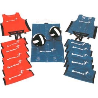 Kit complet de Bumball avec 6 maillots bleus avec attaches velcro, 6 maillots rouges avec attaches velcro, 2 balles et 1 sac de transport.