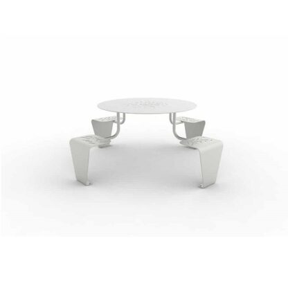 Table de pique nique ronde en métal de couleur blanche avec 4 sièges intégrées de la gamme de mobilier urbain Lud