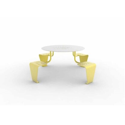 Table de pique nique ronde en métal de couleur jaune avec 4 sièges intégrées de la gamme de mobilier urbain Lud