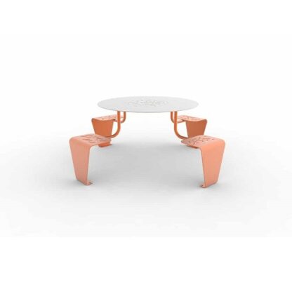 Table de pique nique ronde en métal de couleur orange avec 4 sièges intégrées de la gamme de mobilier urbain Lud