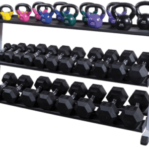Rack de rangement musculation 3 rangées - Avec 3ème rangée optionnelle pour kettlebells (option 542324)