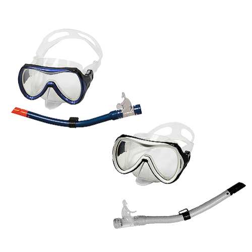 2 ensembles masques et tubas de natation de couleurs bleu et noir vus de profil