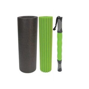 Kit rouleaux de massage 3 en 1 professionnel : grand rouleau fascia Ø15 cm gris, rouleau yoga Ø10 cm vert à rainures et bâton de massage à poignées, pour rééducation et physiothérapie