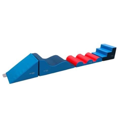 Kit ramper de gymnastique pour école maternelle composé de 4 modules de couleurs bleue et rouge