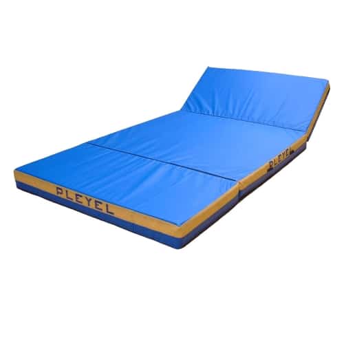 Matelas de gym repliable en 3 bleu avec tranches jaunes repliable